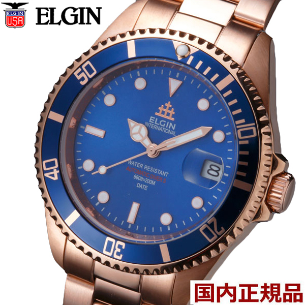 【エルジン ELGIN 】紳士用腕時計 自動巻き機械式（日本製ムーブメント）オートマチック 20気圧ダイバーズ ローズゴールド x ブルー FK1405PG-BL【送料無料】